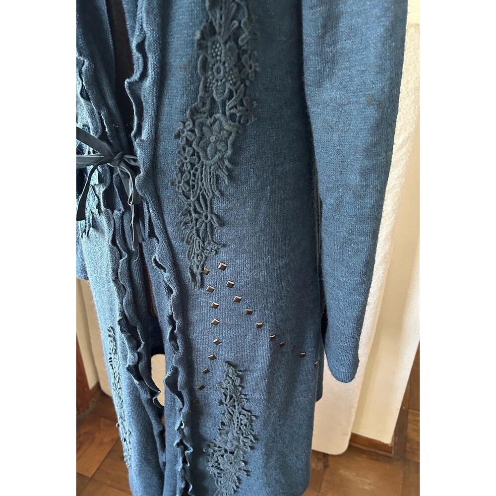 Pretty Angel Boho Duster Cardigan  Linen Blend Blue Floral Lace Appliqué Size S - Picture 5 of 12
